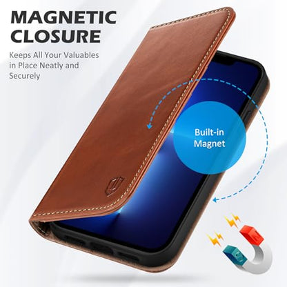 SHIELDON Genuine Leather Wallet Case for iPhone 13 6.1" 2021, Retro Brown | Magnetic Closure, RFID Blocking, Credit Card Holder, Kickstand, Folio Design, Shockproof Phone Cover - color: Brown - Retro