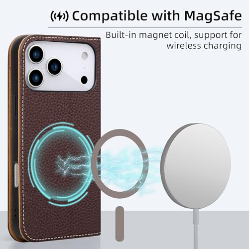 VISOUL Pebbled Genuine Leather Wallet Case for iPhone 17 Pro Max 6.9" 2025, Flip Folio Cover with RFID Blocking Card Holders, Kickstand, Soft TPU Protective Cover - Chocolate+Brown - color: Chocolate+Brown