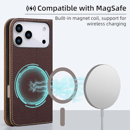 VISOUL Pebbled Genuine Leather Wallet Case for iPhone 17 Pro Max 6.9" 2025, Flip Folio Cover with RFID Blocking Card Holders, Kickstand, Soft TPU Protective Cover - Chocolate+Brown - color: Chocolate+Brown