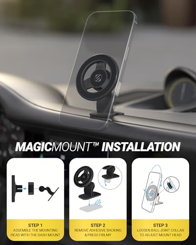 Scosche MagSafe Car Mount, Magnetic Dashboard Phone Holder for Car with 3M Adhesive Base, Strong Magnet Hold, 360° Rotatable Cell Phone Car Mount for iPhone 17/16/15/14/13/12, Includes Magnetic Ring - size: 1 Pack