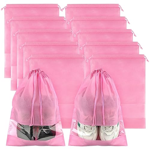Pink Travel Shoe Bags - 10 Pcs Non-Woven Packing Bags with Clear Window | 15.7" x 11.8" Waterproof Dustproof Portable Travel Shoe Storage Bag for Men and Women - color: Pink, style: 10 Pack