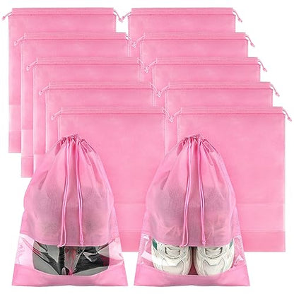 Pink Travel Shoe Bags - 10 Pcs Non-Woven Packing Bags with Clear Window | 15.7" x 11.8" Waterproof Dustproof Portable Travel Shoe Storage Bag for Men and Women - color: Pink, style: 10 Pack