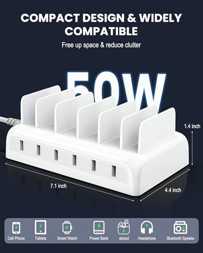 Charging Station for Multiple Devices, 6 Port Fast Charger Stations for Apple iPhone, iPad, Cell Phone, Tablet, 50w Multi Device Organizer Charging Dock with 6 Mixed Charging Cables