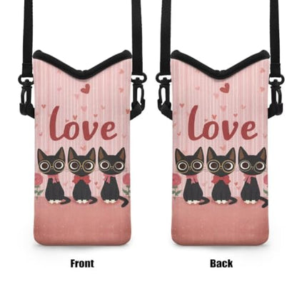 Small Phone Bag Water-Resistant Crossbody Pouch with Adjustable Strap Cellphone Case Mini Satchel Fits Most Phones for Valentine's Day, Black Cat Rose Heart-Shaped Love Print Pink - color: Black Cat Rose Heart-shaped Pink