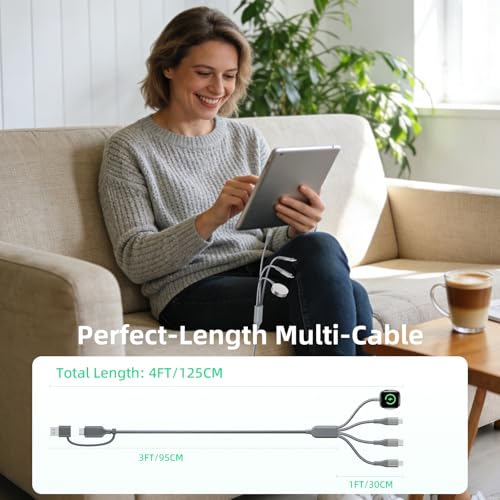A-Pce 4-in-2 Multi Charging Cable with Smartwatch Charging, Grey-4FT - color: Grey, size: 4FT