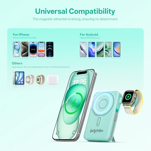 Magnetic Portable Charger Built-in Cables,10000mAh Fast Charging Wireless Charger Station External Battery Pack Slim Pocket Size Power Bank with Stand Compatible with iWatch, iPhone - color: Green