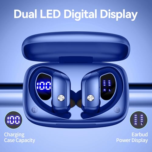 bmani Ear Buds Wireless Earbuds Bluetooth Headphones with 80H Playtime LED Display Case, Over-Ear Hook with Mic, Stereo Sound, Easy Button Controls, Sports Earphones for Running Workout Gym Blue - color: Blue, style: AI Buds Pro