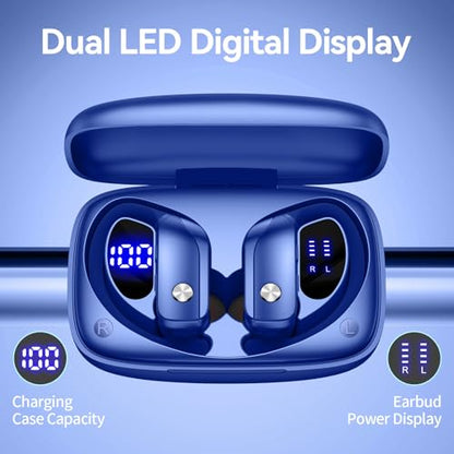bmani Ear Buds Wireless Earbuds Bluetooth Headphones with 80H Playtime LED Display Case, Over-Ear Hook with Mic, Stereo Sound, Easy Button Controls, Sports Earphones for Running Workout Gym Blue - color: Blue, style: AI Buds Pro
