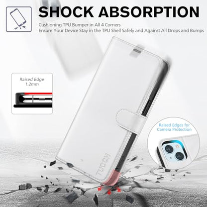 TUCCH Case Wallet for iPhone 15 (6.1") 2023, RFID Blocking Folio, White | 4 Card Holders, Kickstand, PU Leather, Magnetic Closure, Shockproof TPU Shell, Protective Flip Cover - color: White
