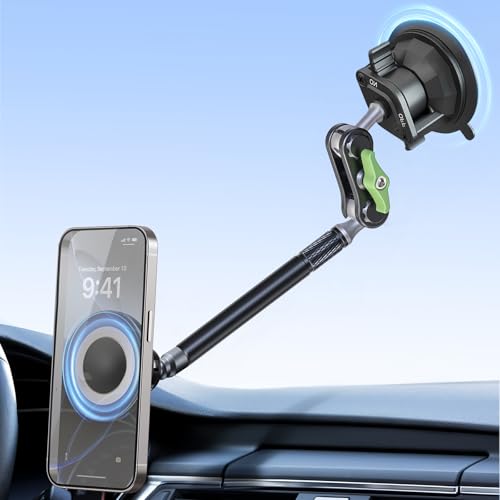 Magnetic Car Phone Holder, Ultra Stable Windshield Phone Mount, Strong Suction Cup & Powerful Magnetic, 360° Rotatable, Durable Premium Aluminum Alloy, for All Vehicles & All Smartphones - style: Extended