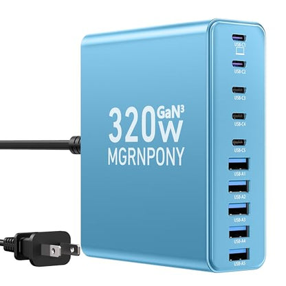 320W USB C Charger Block, MGRNPONY 10-Port GaN USB C Charging Station - color: Light Blue