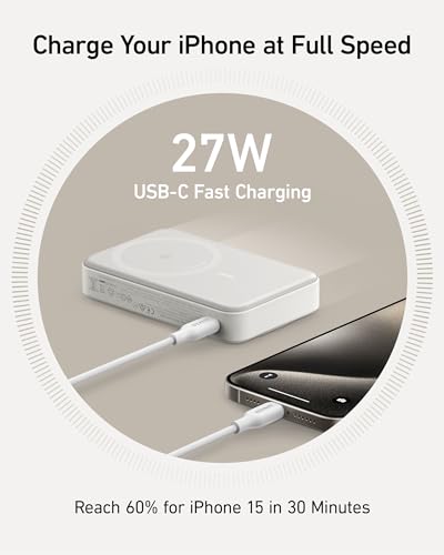 Anker MagGo Power Bank, 10,000mAh Qi2-Certified 15W Max Portable Charger | Fast MagSafe-Compatible Battery Pack, Smart Display, Foldable Stand, for iPhone 16 / 15 / 14 / 13 Only (USB-C Cable Included) - color: White