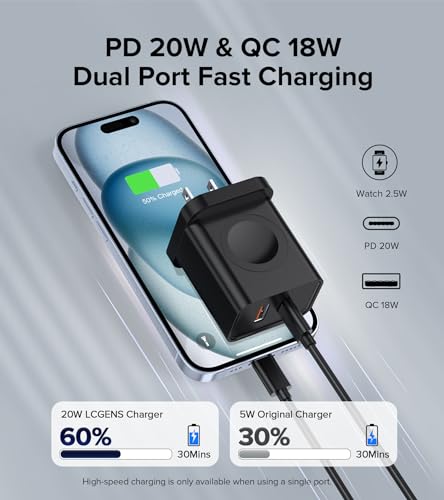 [3 in 1] USB C Charger Block for Apple Watch Charger Magnetic Fast Charging - color: Black