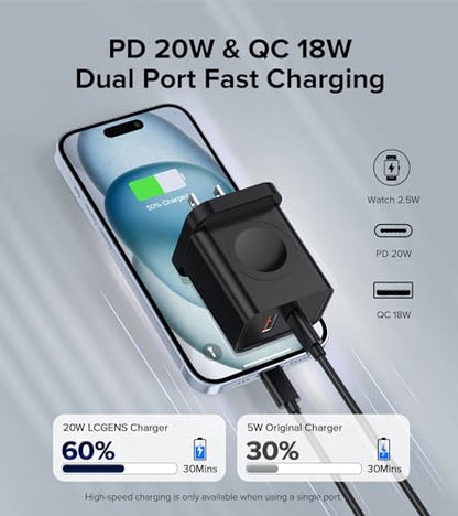 [3 in 1] USB C Charger Block for Apple Watch Charger Magnetic Fast Charging - color: Black
