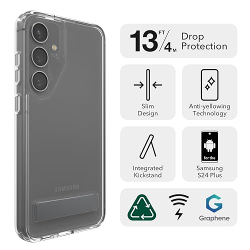 ZAGG Crystal Palace Samsung Galaxy S24+ Case with Kickstand - Ultra-Slim, Graphene-Enhanced, Crystal Clear Protection, 13ft Drop Resistant, Eco-Friendly, Clear - size: Samsung Galaxy S24 Plus, style: Without Snap
