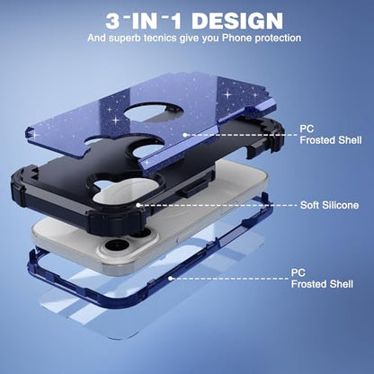 IDweel for iPhone 17 Case with Screen Protector for Men, 3 in 1 Shockproof Slim Fit Hybrid Heavy Duty Hard PC Cover Soft Silicone Bumper Full Body Anti-Fingerprint Case, Glitter Blue Black - color: Glitter Blue Black