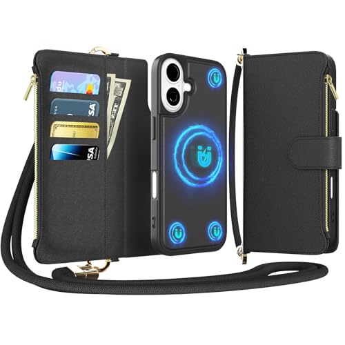 for iPhone 16 2-in-1 Magnetic Crossbody Wallet Case + Wrist Strap | Wireless Charging After Wallet Removal, Detachable Crossbody/Wrist Straps, Landscape Stand, Card Holder and Zipper Pocket - color: Black, size: iPhone 16