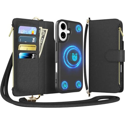 for iPhone 16 2-in-1 Magnetic Crossbody Wallet Case + Wrist Strap | Wireless Charging After Wallet Removal, Detachable Crossbody/Wrist Straps, Landscape Stand, Card Holder and Zipper Pocket - color: Black, size: iPhone 16