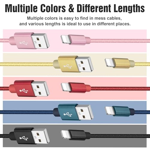 5Pack(2/2/4/4/6FT) Phone Charger Cable, Nylon Braided Fast Charging Cord Compatible with Phone14/13/12/11Pro Max/XS MAX/XR/XS/X/8/7Plus iPad AirPods
