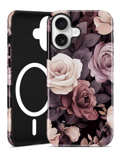 Jusy Magnetic Floral Phone Case for iPhone 15 Pro,Black Rose | Compatible with MagSafe, Cute Aesthetic Striped Design, TPU and PC Protective Shockproof Cover - color: Black Rose