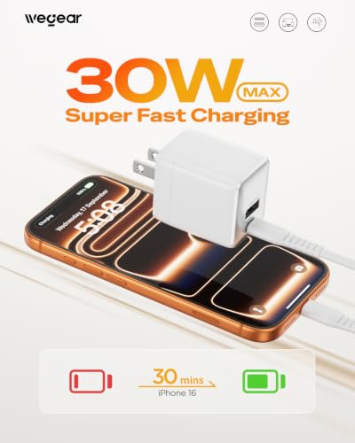 wegear 30W Fast Charger, Dual Port USB C Wall Charger with Foldable Plug - color: White, size: 2 Packs+2 Cables
