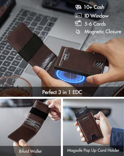iwantit 3 in 1 Magsafe Wallet Men: Bifold Wallet + Magnetic Wallet for iPhone - Detachable Cash Strap, Smart Pop Up Card Holder, ID Window, Premium Leather (Vegetable-tanned Brown) - color: Vegetable-tanned Brown