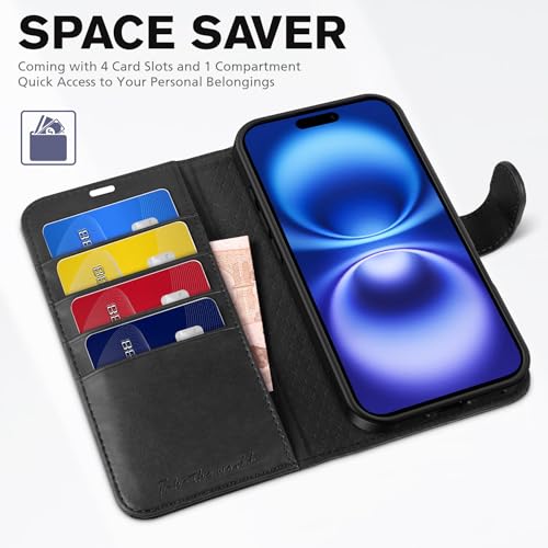 TUCCH Wallet Case for iPhone 16 (6.1") 2024, 4 Card Holders, Black | RFID Blocking, Viewing Stand, Shockproof TPU Shell, PU Leather, Magnetic Closure, Protective Folio Flip Cover - color: Black
