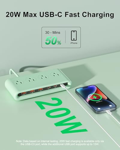 Power Strip with USB Port - 4AC & 6 USB(3USB C), Outlet Extender 5FT - color: Green