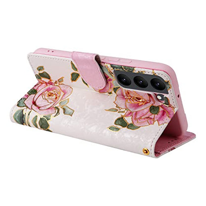 UEEBAI Wallet Case for Samsung Galaxy S23 Plus 5G, PU Leather Case Kickstand RFID Blocking Flip Case Card Slots Wrist Strap Relief Engraved Pattern Magnetic Closure Flower Folio Case, White Rose - color: White Rose, size: Samsung Galaxy S23 Plus 5G