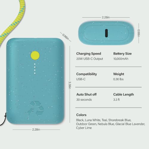 Nimble Champ Portable Charger, 10000mAh Power Bank, 20W Dual USB-C Charging - color: Shorebreak Blue