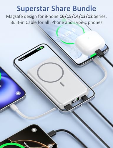 Magnetic Portable Charger 10000mAh, 20W Power Bank with Built in Cable | 20W Fast Charging for Magsafe Battery Pack with LED Display, Travel Essential for iPhone 17/16/15/14/13/12 Pro/Pro Max-White - color: White