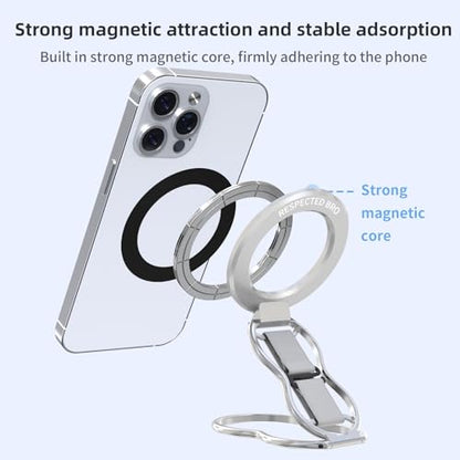 RESPECTED-BRO-Magnetic-Phone-Grip-Stand-with-Finger-Strap, 4-in-1 Magnetic Ring Holder, Kickstand and Elastic Strap for Phones, Universal Fit for iPhone 17/16/15/14/13/12, Android, and Cases (Silver) - color: Silver
