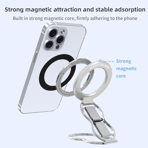 RESPECTED-BRO-Magnetic-Phone-Grip-Stand-with-Finger-Strap, 4-in-1 Magnetic Ring Holder, Kickstand and Elastic Strap for Phones, Universal Fit for iPhone 17/16/15/14/13/12, Android, and Cases (Silver) - color: Silver