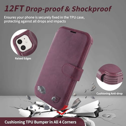 VANAVAGY Wallet Case for iPhone 11 6.1 inch, Burgundy | 12ft Drop-proof Cover for Women Men, Silm PU Leather, RFID Blocking Card Holder, Wrist Strap, Screen Protector - color: Burgundy