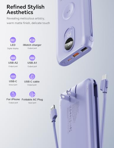Portable Charger 10000mAh 20W, Wall Plug, 2 Cables, iWatch Charging - color: Lilac Purple