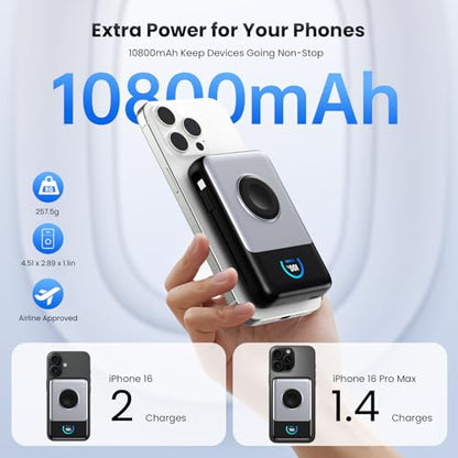 Magnetic Portable Charger 10800mAh with Built-in Cables, 15W Wireless Power Bank for Magsafe,30W PD Fast Charging USB-C Travel Essential Battery Pack for iPhone 17/16/15/14/13/12 Series