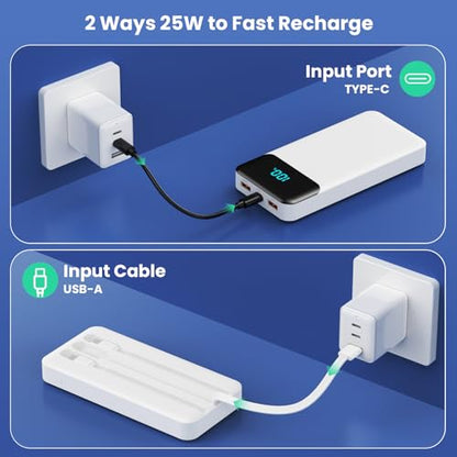 Portable Charger 40800mAh Power Bank,Built-in Cables,25W Fast Charging - color: White