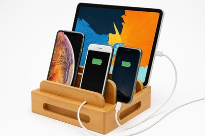 Bamboo Charging Station Organizer for Multiple Devices - 4 Slot Phone Tablet Holder with Cable Management, Desktop Organizer for Home Office Desk Accessories