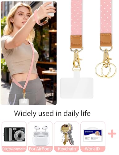 Phone Lanyard Crossbody Strap, Adjustable Neck Strap and Wristlet Strap for Phone Wallet ID Badge with 2 Phone Tabs - color: Pink White Dots