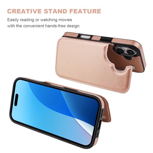 ONETOP for iPhone 16 Wallet Case with Credit Card Holder,Rosegold | Kickstand,ID/Cash Holder,Case Wallet with Card Slots,Double Magnetic Clasp,Durable PU Leather Shockproof Cover for Women Men - color: Rose Gold