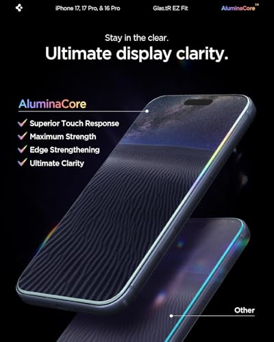 Spigen GlasTR EZ FIT Screen Protector for iPhone 17 Pro, 17, 16 Pro | AluminaCore Aluminum-enhanced 10H+ tempered glass, Auto-align tray, 100% clarity, Original touch, Case-friendly, 2Pack - size: iPhone 17 Pro / iPhone 17 / iPhone 16 Pro