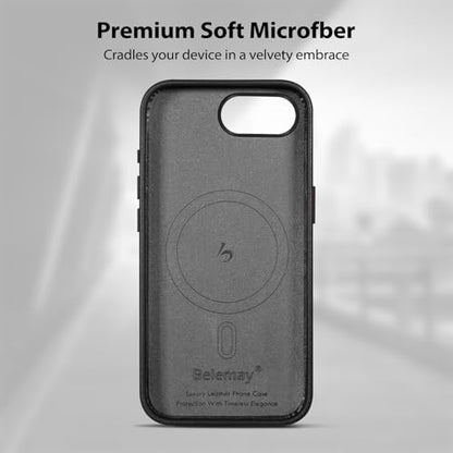 Belemay Handcrafted Full-Grain Vegetable-Tanned Leather Case for iPhone 17e / iPhone 16e, Compatible with MagSafe, Two-Tone Effect, Natural Patina, Metal Buttons Luxury Cover (6.1"), Black - color: Black
