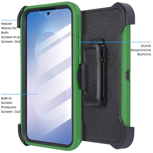 Compatible for Samsung S25 FE, Built in Screen Protector, Belt Clip Holster Heavy Duty Defender Case Dustproof Shockproof Protection (Green) - color: Green