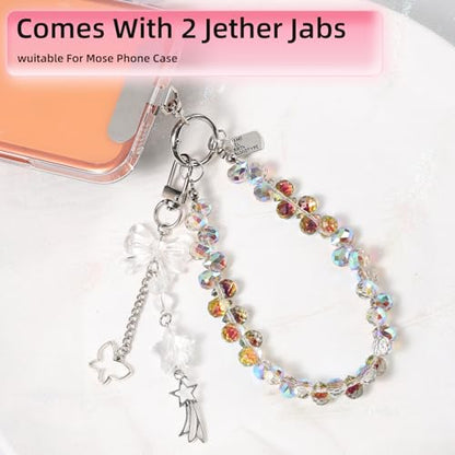 Crystal Beaded Phone Wrist Strap, Cute Cellphone Lanyard Chain, Bow Keychain Wristlet Bag Charms for Women - color: Amber