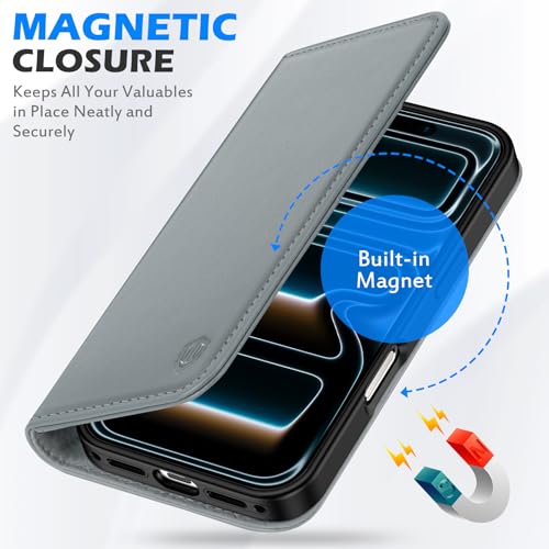 SHIELDON Real Leather Magnetic Case Wallet for iPhone 17 Pro Max 6.9", Gray | Flip, Magnetic Closure, RFID Blocking 3 Card Holder, Kickstand, Full Protection, Shock Absorbing Protective Cover - color: Gray