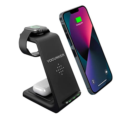 Wireless Charger iPhone,YOCUNKER 3 in 1 Qi Fast Wireless Charging Station Stand Dock for Multiple Devices Apple Watch Series 7/SE/6/5/4/3/2, Airpods 3/Pro/2,iPhone 14/13/12/11 Pro Max/X/XR (Black) - color: Black