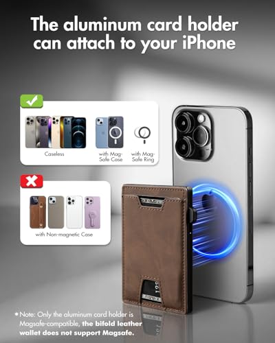 iwantit 3 in 1 MagSafe Wallet Men: Slim Bifold Money Clip + Smart Pop up Card Holder - Cash Strap, Men’s Minimalist Magnetic Wallet, ID Window, Premium Leather (Nubuck Brown) - color: Nubuck Brown