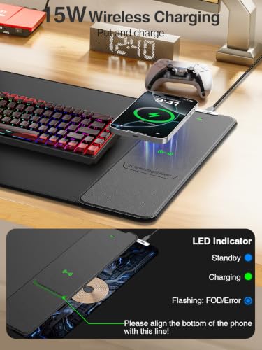 Wireless Charging Mouse Pad, 31.5"x15.8" Large Desk Mat, Smooth Glide - color: Black-31.5"x15.8"-Right