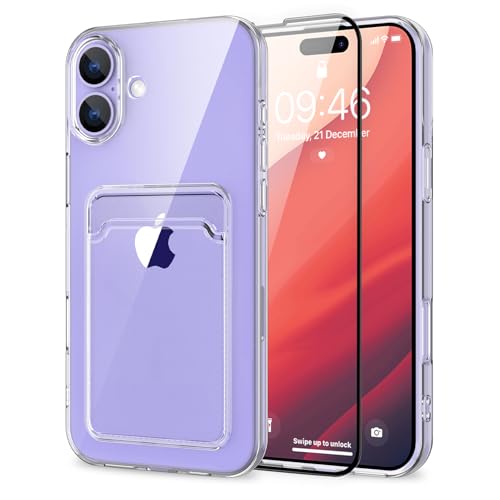 MZELQ Compatible with iPhone 16 Case Card Holder -Clear | Wallet Cover,Camera Protection + Screen Protector Soft Card Slot Phone Case - color: Clear, size: iPhone 16