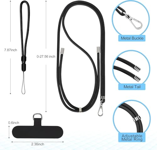 takyu Cell Phone Lanyard, Crossbody Phone Lanyard 1 Pack Adjustable Neck Strap and 1 Pcs Phone Wrist Strap with 2x Phone Tether Patches for Most Smartphones-Black - color: Black X1